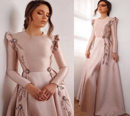 Blush Pink Muslim A Line Evening Dresses Jewel Neck Long Sleeve Beading Formal Gown Floor Length Satin Abric Dubai Evening Gowns6552615