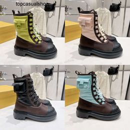 Fendig Best-quality 2023 Lace Domino Womens Motorcycle Nylon Short Boot Bud Green Yellow Pink Light Blue Black Beige Capsule Series Boots With Poc