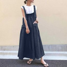 Casual Dresses 2024 Women Fashion Long Straps Dress Large Pockets Harajuku Summer Loose Sleeveless Solid Female Clothes