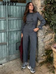 Elegant Plaid Ruffled Women Jumpsuit Long Sleeve Half High Collar Singlebreasted Shirt Female Romper Pocket Straight Pants 240307