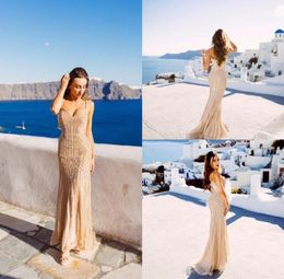 Real Images Champagne Arabic Evening Dresses 2020 Elegant Vneck Sleeveless Sexy Formal Crystal Beading Party Long Prom Dresses fo3071270