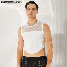 Men's Tank Tops Men Tank Tops Mesh Patchwork O-neck Sleeveless Streetwear Transparent Vests 2024 Party Nightclub Sexy Crop Tops S-5XL L240310