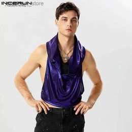 Men's Tank Tops Tops 2023 American Style Mens Sparkling Fabric Pleated Hooded Waistcoat Casual Streetwear Male Swing Collar Vests S-5XL L240319