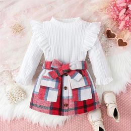 Clothing Sets Toddler Baby Girls Skirt Outfits 2PCS Set Long Sleeve Ruffle Ribbed Pullover T-Shirt Tops Plaids A-Line Bowknot Waistband