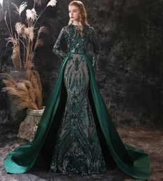 Fairy Evening Dresses Lace Appliques Sequin Mermaid Prom Gowns 2020 Long Sleeve Detachable Train Special Occasion Dress Real Image8696373