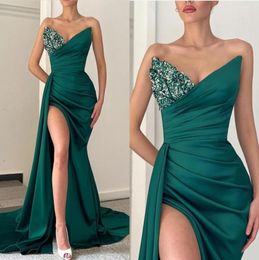 Hunter Green Mermaid Prom Dresses for Women Black Girls Sweetheart Beaded Crystals High Side Split Floor Length Formal Evening Pag9637930