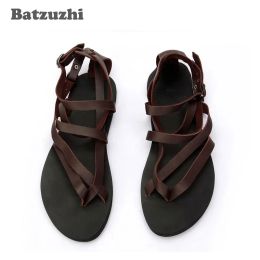 Sandals 2022 Men Beach Genuine Leather Sandals Rome Men Shoes SUMMER Sandal Shoes Black Brown Gladiator Sandalias Mujer Big Size 46