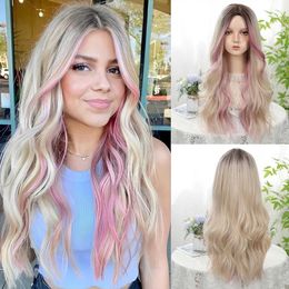 Synthetic Wigs Cosplay Wigs Pink Highlight Wigs Blonde Middle Part Wig for Women Cosplay Synthetic Natural Wigs Long Curly Party Fake Hair High Temperature 240329