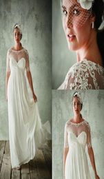 Jenny Packham Plus Size Wedding Dresses With Half Sleeves Sheer Jewel A Line Lace Appliqued Chiffon Empire Waist Wedding Dress Bri6738203
