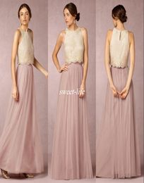 2019 Two Pieces Bridesmaids Dresses Crew Neck Chiffon Tulle A Line Pleats Lace Applique Pastels Maid of Honor Prom Gowns Cheap Cus8705368