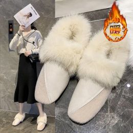 Boots Winter Patchwork square toe fur shoes women fluffy plush flats add cashmere moccasins retro warm rabbit fur loafers woman 2021