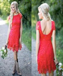 2018 Cheap Bridesmaid Dresses Country Jewel Neck Red Knee Length Short Sleeve Full Lace A Line Plus Size Backless Formal Maid of H4871965