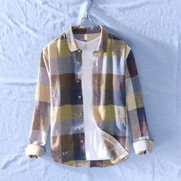 Men's Casual Shirts Mens Linen Cotton Patchwork Plaid Long Sleeve Shirt Men Turn-Down Social Business Dress Male Camisas TS-461