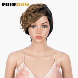 Wigs FREEDOM Synthetic Wigs 10 Inch Short Wavy Ombre Blonde Wigs For Black Women Heat Resistant Synthetic Hair Wig Free Shipping