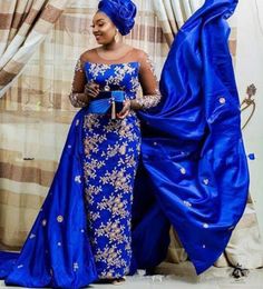 Royal blue Aso Ebi Evening Dress 2020 Nigeria Saudi Plus Size Prom Party Gowns Lace Appliques Detachabled Train Celebrity Dress4916198