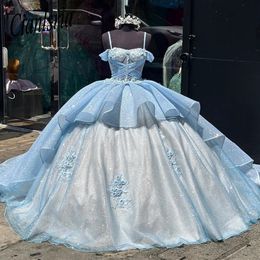 Sky Blue Sweetheart Ball Gown Quinceanera Dresses For Girls Beaded Birthday Party Gowns Lace Up Back Graduation 3D Flowers