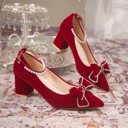 Dress Shoes Red Crystal Wedding Pumps Women Pointed Toe Rhinestone Bowtie Bride For 2024 Luxury Pearls Ankle Strap Woman