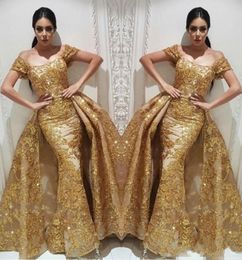 Yousef Aljasmi Evening Dresses Mermaid Prom Dress with Gold Sequins Lace Detachable Overskirt Sparkly Dubai Arabic Occasion Gowns 2414570