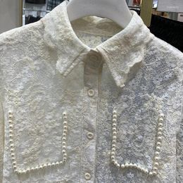 Women's Blouses Counter Quality Beads Stitch Lace Embroidery Shirts And For Women Spring 2024 Long Sleeve Solid Beige Top Blusas