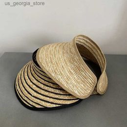 Wide Brim Hats Bucket Hats Black and white striped sun hat womens breathable hollow top Str hat womens holiday wide brown foldable beach hat sun hat Y240319