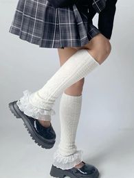 Women Socks Lolita Kawaii Lace Ruffle Knit Boot Cuffs Harajuku Japanese JK Y2k Sweet Long Flared Warmer