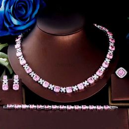 Bangle ThreeGraces 4 Piece Luxury Pink Zirconia Stone Wedding Necklace Wedding Earrings Bracelet Ring Bridesmaid Jewellery Set TZ752 240319