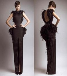 Modest Formal Krikor Jabotian Black Evening Dresses with Feather Satin Sheath Backless Front Split Prom Gowns Cap Sleeves Party We4563075