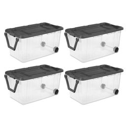 Sterilite 160 Quart Plastic Stacker Box, Lidded Storage Bin Container for Home and Garage Organizing, Shoes, Tools, Clear Base & Gray Lid, 4-pack