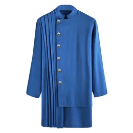 Men's Casual Shirts Vintage Muslim Robe Standing Collar Long Sleeve Pleated Jubba Thobe Mult Pockets Kaftan Arabia Dubai Clothing