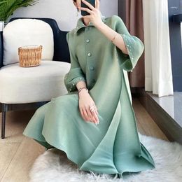 Casual Dresses Miyake Pleated Office Lady Classic Single-breasted Midi For Women 2024 Summer Spirng And Beaded Lapel Shirt Dress