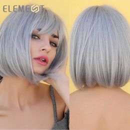 Synthetic Wigs Lace Wigs Element Synthetic Cosplay Bob Wig with Bangs 14 Inch Short Straight Ash Silver Grey Pink Brown Party Wigs for Black White Women 240329