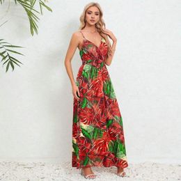 Casual Dresses Printed Summer Dress Floral Print Backless Maxi For Women Spaghetti Strap Vacation With High Waist Ankle Length V