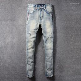 Men's Jeans Fashion Designer Men High Quality Retro Light Blue Stretch Slim Ripped Embroidery Patched Vintage Denim Pants