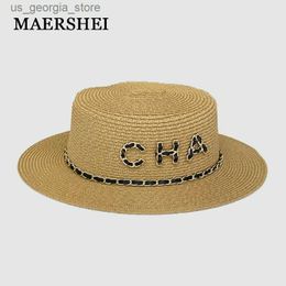 Wide Brim Hats Bucket Hats Panama Womens Hat Summer Beach Hat Womens Casual Womens Flat Top Brim Str Hat Girls Sun Hat Chapeu Womens Str Hat Y240319