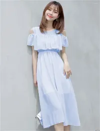 Casual Dresses 2024 Korean Fashion Party Womens Summer Beach Style Chiffon White Long Dress Lady Print Ruffles Off-Shoulder