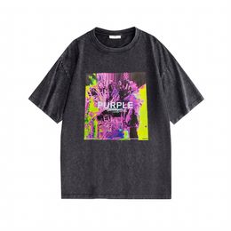 Men's T-shirt designer t shirt hip-hop trend Colourful pattern printing heavy duty washed and aged Grey short-sleeved