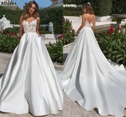 Modern Satin A Line Wedding Dresses For Brides With Pockets Sheer Crew Neck Lace Appliqued Plus Size Simple Bridal Gowns Sweep Train Backless Robes de Mariee YD