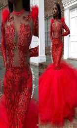Red Gorgeous 2020 Feathers Sequined Black Girl Mermaid Prom Dresses Long Sleeve Jewel Neck Illusion Formal Arabic Evening Gowns3891213
