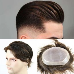 Toupees Toupees Toupee For Men Human Hair System Durable Fine Mono Lace Men Replacement Hair System PU Poly Skin Around Medium Hairpiece