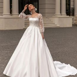 Classic Satin Wedding Dress 2024 Women O-Neck Full Sleeves Embroidery Lace Bride Gowns Vestidos De Novias Robe De Mariage