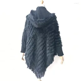 Scarves Women Plus Size Knitted Real Fur Poncho With Hood Casual Female Warm Genuine Hooded Cape Fashion Natural Ponchos
