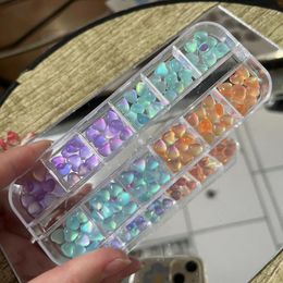 Nail Art Decorations 12/6Grids Cat Eye 3D Resin Heart Charms 3-Color Purple/Green/Orange Rhinestone Ice-Transparent Parts