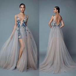 2020 Berta Evening Dresses With Overskirts Plunging V Neck Backless Prom Dress With Appliqued Beaded Floor Length Party Dresses E01399197