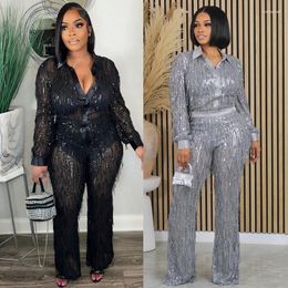 Women's Two Piece Pants WUHE Tassel Sequined Women Set 2024 See-through Long Sleeve Shirt And Pant Sets 2 Pcs Tracksuit Sexy Party Outfits