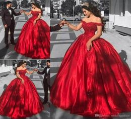 Newest Modest Red Ball Gown Quinceanera Dresses OffShoulder Lace Appliques Sequins Sweetheart Evening Gowns Prom Dresses sweet 161453160
