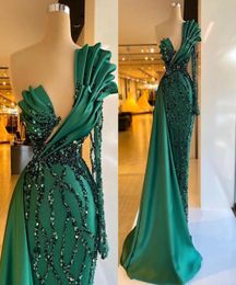 Emerald Green Mermaid Evening Dress One Shoulder Sequins Party Dresses Ruffles Glitter Celebrity Custom Made Prom Gowns 03307607365