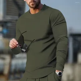 Men's T Shirts Men Autumn Base Tops Long Sleeves Crew Neck Solid Colour Pullover Curved Hem Warm Soft Anti-pilling T-shirt For Daily Wear