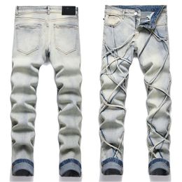 Mens Stripe Jeans Ripper Denim Long Pants Skinny fit Slim Men's stretch Biker Stacked Jean Patchwork Distressed Designer Top Quality size 28-40