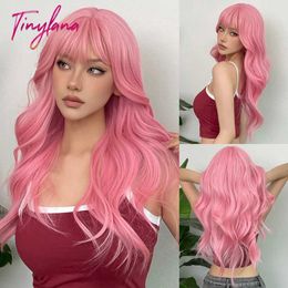 Synthetic Wigs Cosplay Wigs Light Pink Long Wavy Cosplay Synthetic Hair Wigs with Bangs for White Women Afro Lolita Water Wave Halloween Heat Reisitant Wig 240327