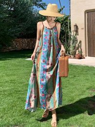 Casual Dresses Retro Patchwork Printed Backless Long Dress For Women Sleeveless Loose Slip Summer Fashion Vestidos Y2k